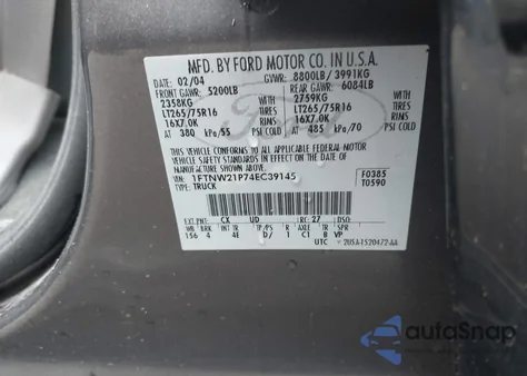 2004 Ford F-250 Lariat/Xl/Xlt из США, поврежденный, VIN 1FTNW21P74EC39145